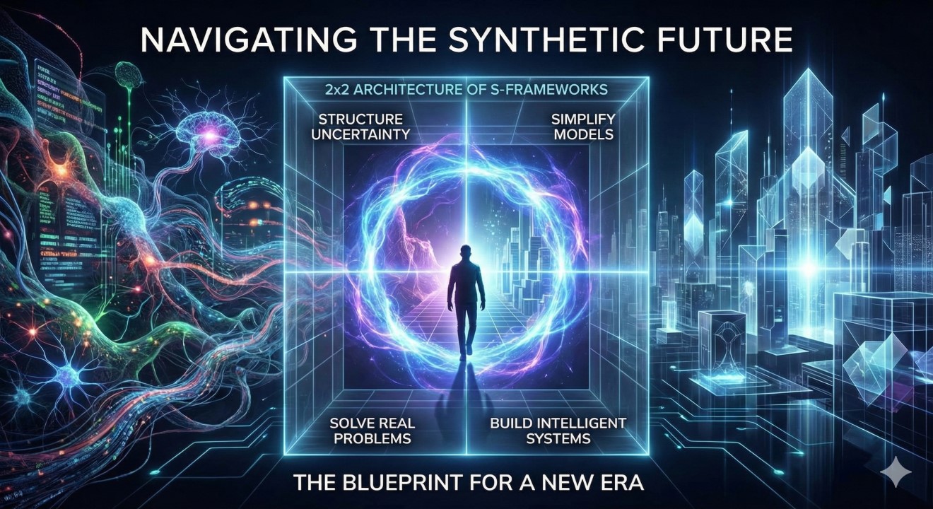 Conceptual illustration for a website slide titled "NAVIGATING THE SYNTHETIC FUTURE". The centerpiece is a glowing blue 2x2 grid structure labeled "2x2 ARCHITECTURE OF S-FRAMEWORKS", with quadrants containing the text: "STRUCTURE UNCERTAINTY" (top left), "SIMPLIFY MODELS" (top right), "SOLVE REAL PROBLEMS" (bottom left), and "BUILD INTELLIGENT SYSTEMS" (bottom right). A silhouetted figure walks through a central energy portal within this grid, transitioning from a chaotic background of biological neural networks and data streams on the left toward a structured, crystalline futuristic city on the right. The subtitle below reads: "THE BLUEPRINT FOR A NEW ERA".