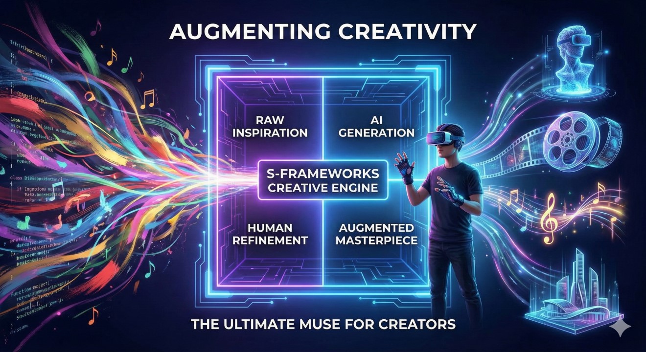 Conceptual illustration for a website slide titled "AUGMENTING CREATIVITY". The center features a glowing digital 2x2 grid representing the "S-FRAMEWORKS CREATIVE ENGINE". The quadrants are labeled: "RAW INSPIRATION" (top left), "AI GENERATION" (top right), "HUMAN REFINEMENT" (bottom left), and "AUGMENTED MASTERPIECE" (bottom right). On the left, a chaotic flow of colorful paint strokes, musical notes, and floating code enters the grid. On the right side, a person wearing a VR headset and haptic gloves interacts with the grid, from which structured, high-quality outputs emerge: a 3D bust, a film reel, a musical staff, and an architectural city model. The subtitle below reads: "THE ULTIMATE MUSE FOR CREATORS".