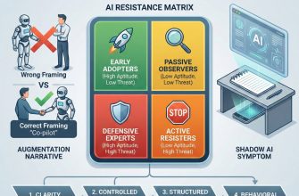 Conceptual illustration of AI Change Management in an enterprise setting. A glowing 2x2 'AI Resistance Matrix' categorizes employee behavior into four zones: Early Adopters, Passive Observers, Defensive Experts, and Active Resisters. The background features corporate professionals seamlessly integrating artificial intelligence interfaces into their daily workflows, symbolizing successful cultural adoption and overcoming technological fear.