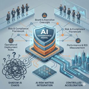 Conceptual infographic of the 4-Layer Enterprise AI Governance Model. A glowing digital shield protects a structured corporate architecture, transforming chaotic neural network data streams on the outside into organized, secure pathways on the inside. The visual represents risk management, compliance, and controlled AI acceleration for C-level executives.