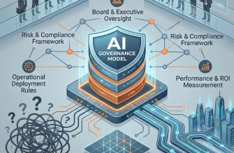 Conceptual infographic of the 4-Layer Enterprise AI Governance Model. A glowing digital shield protects a structured corporate architecture, transforming chaotic neural network data streams on the outside into organized, secure pathways on the inside. The visual represents risk management, compliance, and controlled AI acceleration for C-level executives.