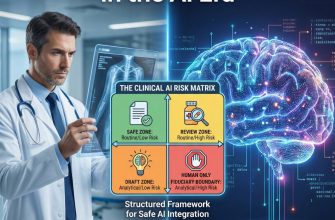 Infographic titled 'Clinical Decision Support in the AI Era'. On the left, a doctor in a white coat examines a digital chest x-ray; on the right, a glowing digital brain with data streams. In the center is a 2x2 grid labeled 'THE CLINICAL AI RISK MATRIX'. The top-left green quadrant is 'SAFE ZONE: Routine/Low Risk' with a document icon and checkmark. The top-right yellow quadrant is 'REVIEW ZONE: Routine/High Risk' with a pill bottle and magnifying glass icon. The bottom-left orange quadrant is 'DRAFT ZONE: Analytical/Low Risk' with a lightbulb and brain icon. The bottom-right red quadrant is 'FIDUCIARY BOUNDARY: Analytical/High Risk' with a stop hand icon and text 'HUMAN ONLY'. Below the matrix, the text reads 'Structured Framework for Safe AI Integration'.