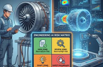 A split-screen composition: on the left, a detailed wireframe of a jet turbine engine; on the right, a digital twin data visualization. In the center, a 2x2 grid icon labeled 'ENGINEERING AI RISK MATRIX'. The matrix shows four quadrants: Green (Safe Zone), Yellow (Draft Zone), Red (Review Zone), and a Stop Sign icon for the 'Safety Boundary'. The style is high-tech, professional, and futuristic.