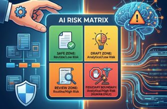 Infographic illustrating the 'AI Risk Matrix' framework. A split-screen composition contrasts 'Human Oversight' (left, blue shield and structured data) with 'AI Automation & High Risk' (right, digital brain and warning icon). The central focus is a 2x2 colored grid classifying professional tasks: Green 'Safe Zone' (Routine/Low Risk), Yellow 'Draft Zone' (Analytical/Low Risk), Orange 'Review Zone' (Routine/High Risk), and Red 'Fiduciary Boundary' (Analytical/High Risk, labeled Human Only). Caption reads: 'Universal Standard for Professional Automation